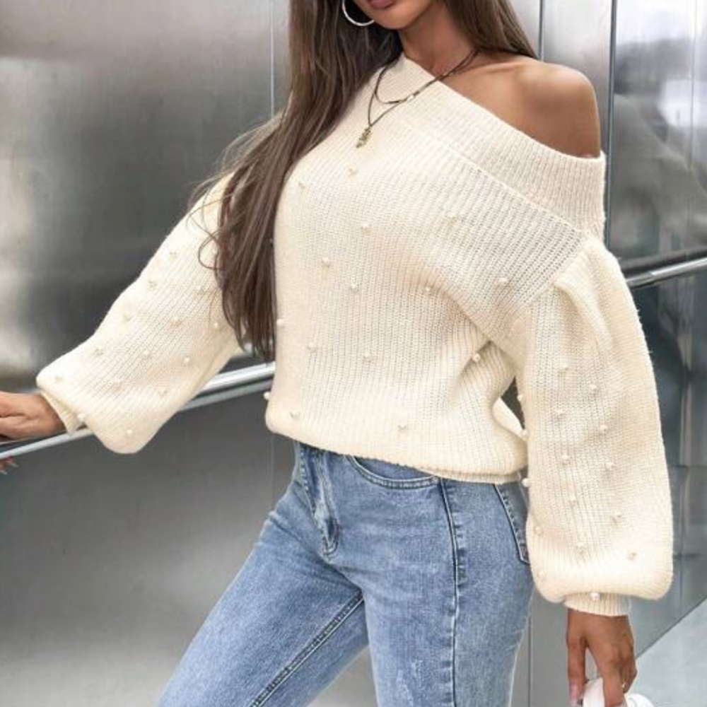 Cozy One Shoulder Faux Pearl Puff Sleeve Sweater top - Picture 3 of 4